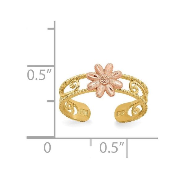 14k Yellow Gold Solid Toe Ring Two-tone Flower Adjustable - Picture 2 of 4